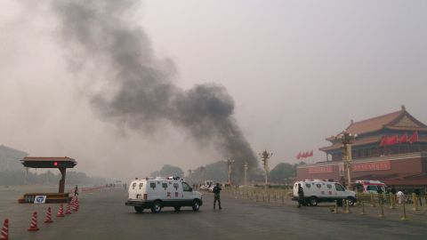 Smoke rises from the scene of a fatal car crash attack in 2013 at Tiananmen Square.