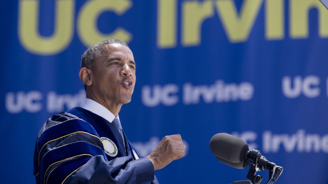 The president of the United States delivered the commencement address at University of California-Irvine on June 14. During the speech, <a href="http://politicalticker.blogs.cnn.com/2014/06/14/climate-change-deniers-serious-threat-to-future-obama-says/">he called lawmakers and pundits who deny manmade climate</a> change a "fairly serious threat to everybody's future." 