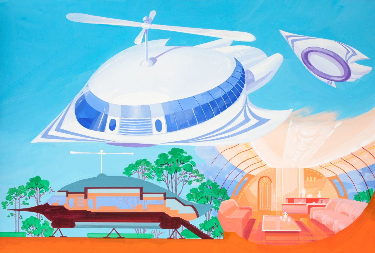 Exhibiting more blue-sky thinking, this image depicts a flying house that can double up as a hovercraft.