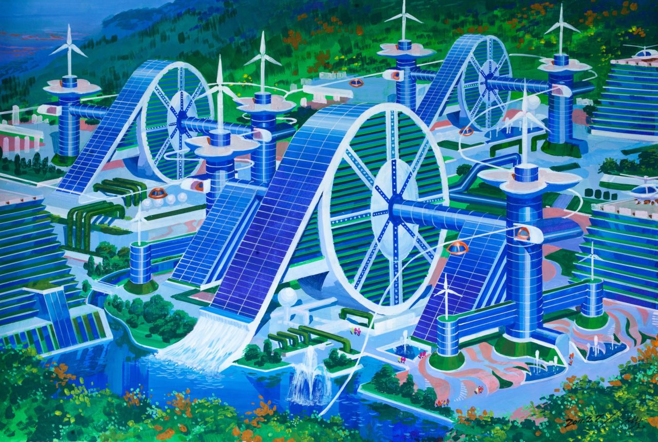 A futuristic silk cooperative that aims to bring together workers of the countryside  with plenty of space for wind turbines and helicopter landing pads. The style depicts a traditional Korean hand wheel which is used for weaving. 