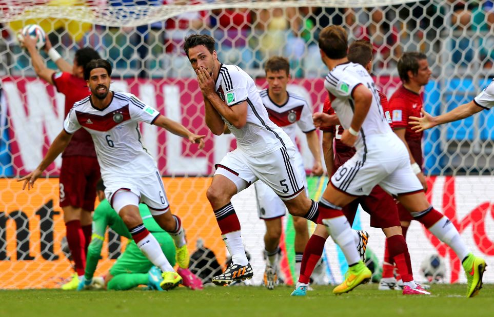 Mats Hummels (No. 5) celebrates after scoring Germany's second goal from a corner kick.