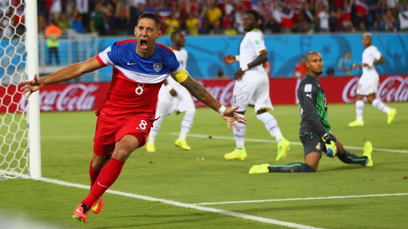 Dempsey runs away in celebration after slipping the ball past Ghana goalkeeper Adam Kwarasey.