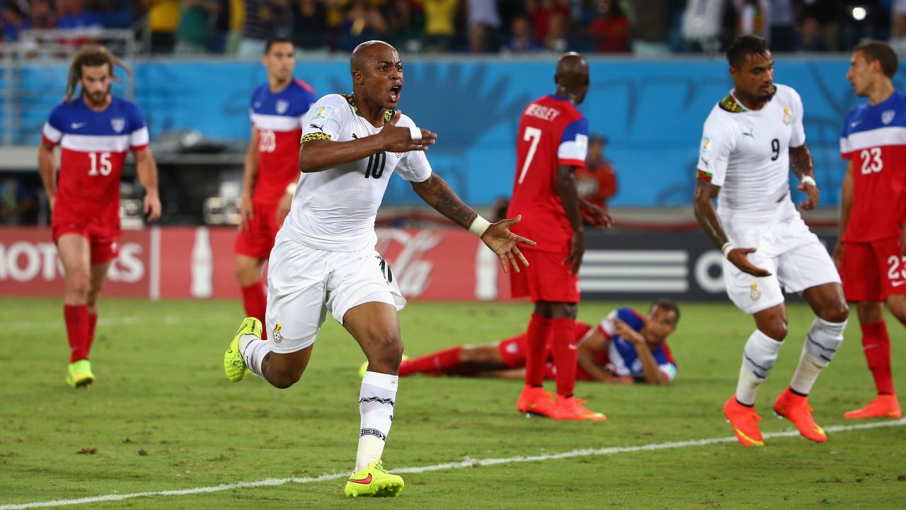 Andre Ayew of Ghana celebrates after scoring a second-half goal to tie the United States.