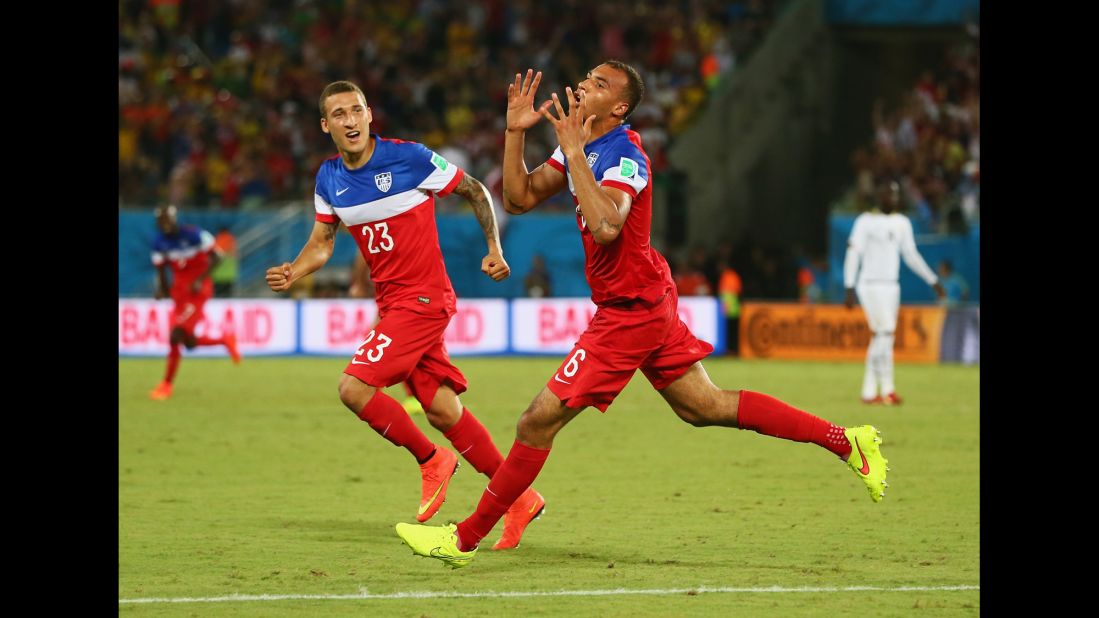 Americans John Brooks, right, and Fabian Johnson celebrate after Brooks scored the game-winning goal in the 86th minute.