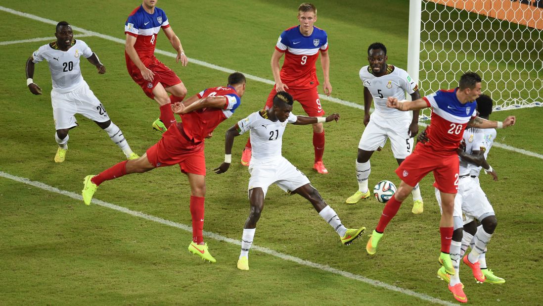 Brooks, third from left, directs his header down as he scores against Ghana. Brooks came into the game after halftime, as a substitute for an injured Matt Besler. With his goal, he became the first American sub to score in a World Cup.