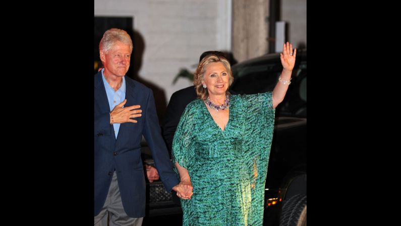 Former first lady and Secretary of State Hillary Clinton ditched the pantsuits for a caftan for daughter Chelsea's pre-wedding party in 2010.