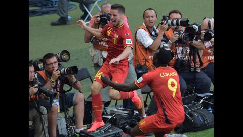 Belgium's Dries Mertens celebrates after scoring his team's second goal against Algeria during a match in Belo Horizonte, Brazil. Belgium won 2-1 after trailing 1-0 at halftime.