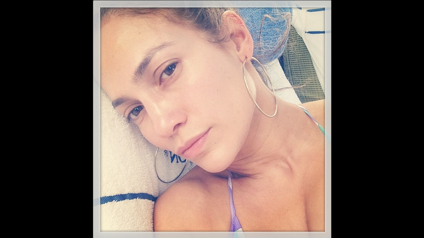 Actress and singer Jennifer Lopez posted a no-makeup selfie to <a href="http://instagram.com/p/pRrhhUmuFx/" target="_blank" target="_blank">her Instagram account</a> Sunday, June 15. "No makeup day! #realface #trueselfie #iwokeuplike this," she wrote.