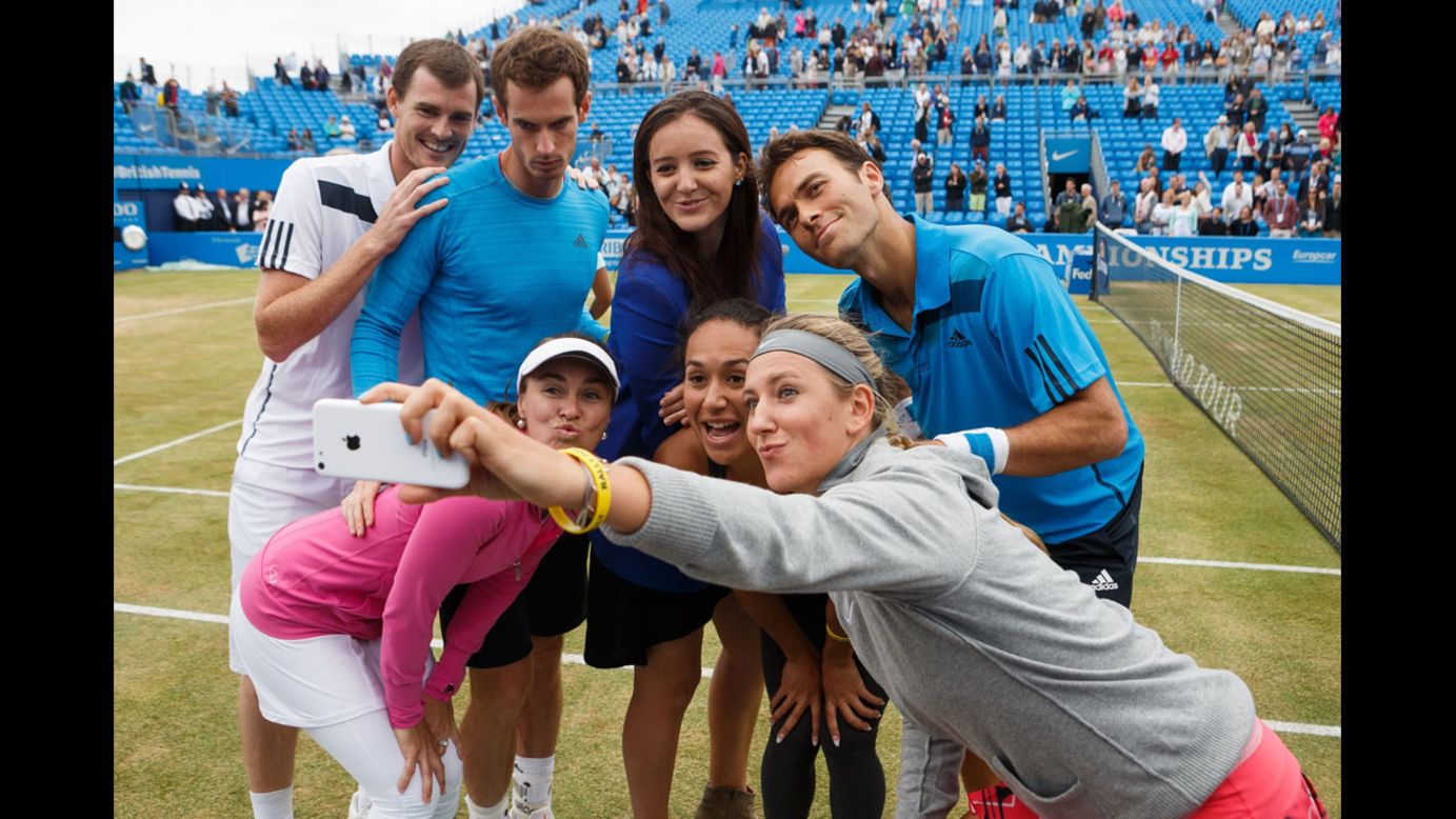 Victoria Azarenka takes a selfie of her and other tennis stars, past and present, who took part in the Rally for Bally exhibition match Thursday, June 12, at the Aegon Championships in London. From left in the back row are Jamie Murray, Andy Murray, Laura Robson and Ross Hutchins. From left in the front row are Martina Hingis and Heather Watson.
