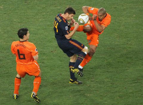 Four years later another British referee Howard Webb had his work cut out during the 2010 World Cup final between Spain and the Netherlands. He famously did not send off Nigel De Jong for this challenge on Xabi Alonso in a game which saw a record four red cards and 16 yellows. Spain won the match 1-0 courtesy of an extra-time goal from Andres Iniesta.
