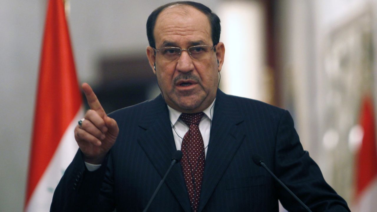 Iraqi Prime Minister Nuri al-Maliki gives a joint press conference with United Nations Secretary-General Ban Ki-Moon (unseen) in Baghdad about the situation in Iraq and Syrian on January 13, 2014 during the latter's two day visit to Iraq. 