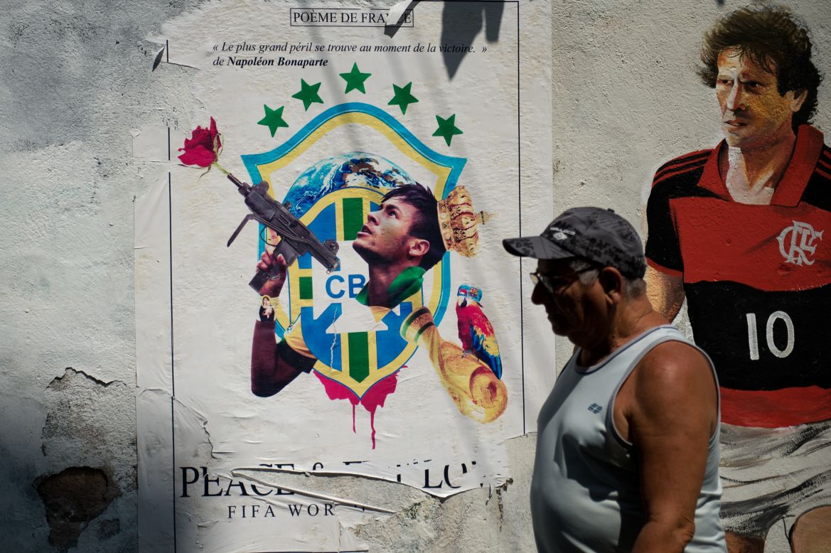 A poster of Brazilian poster boy Neymar after being hijacked by graffiti artists shows the striker holding a machine gun with a rose sprouting from the barrel.<br /><br />Views of graffiti in Brazil differ widely but it is generally not something that is frowned upon by the authorities as it can be in other countries.<br /><br />"It's easy to paint in cities like Sao Paulo because there is lots of space," said Cranio. "The police don't usually stop people because they think the art is nicer than the blank or white space."