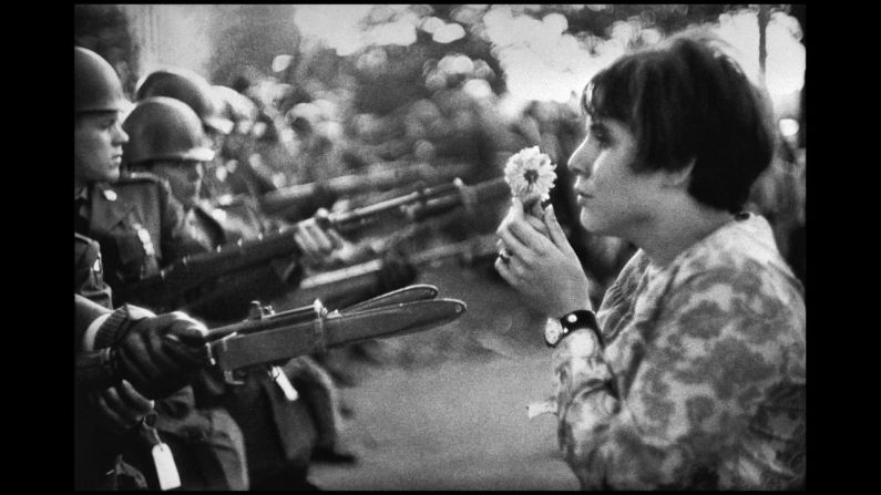 Frenchman Marc Riboud captured one of the most well-known anti-war images in 1967. Jan Rose Kasmir confronts National Guard troops outside the Pentagon during a protest march. The photo helped turn public opinion against the war. "She was just talking, trying to catch the eye of the soldiers, maybe try to have a dialogue with them," <a href="index.php?page=&url=http%3A%2F%2Fwww.smithsonianmag.com%2Fhistory%2Fflower-child-102514360%2F" target="_blank" target="_blank">recalled Riboud in the April 2004 Smithsonian magazine,</a> "I had the feeling the soldiers were more afraid of her than she was of the bayonets."
