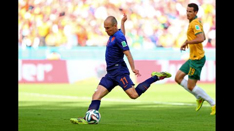 Arjen Robben of the Netherlands opens the scoring. It was his third goal of the tournament.