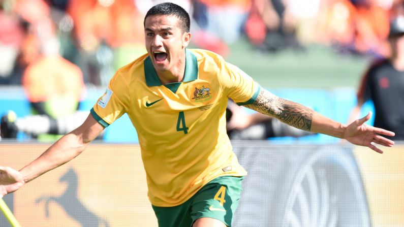 Australian forward Tim Cahill celebrates after scoring a goal against the Netherlands. His impressive volley tied the match at 1-1.