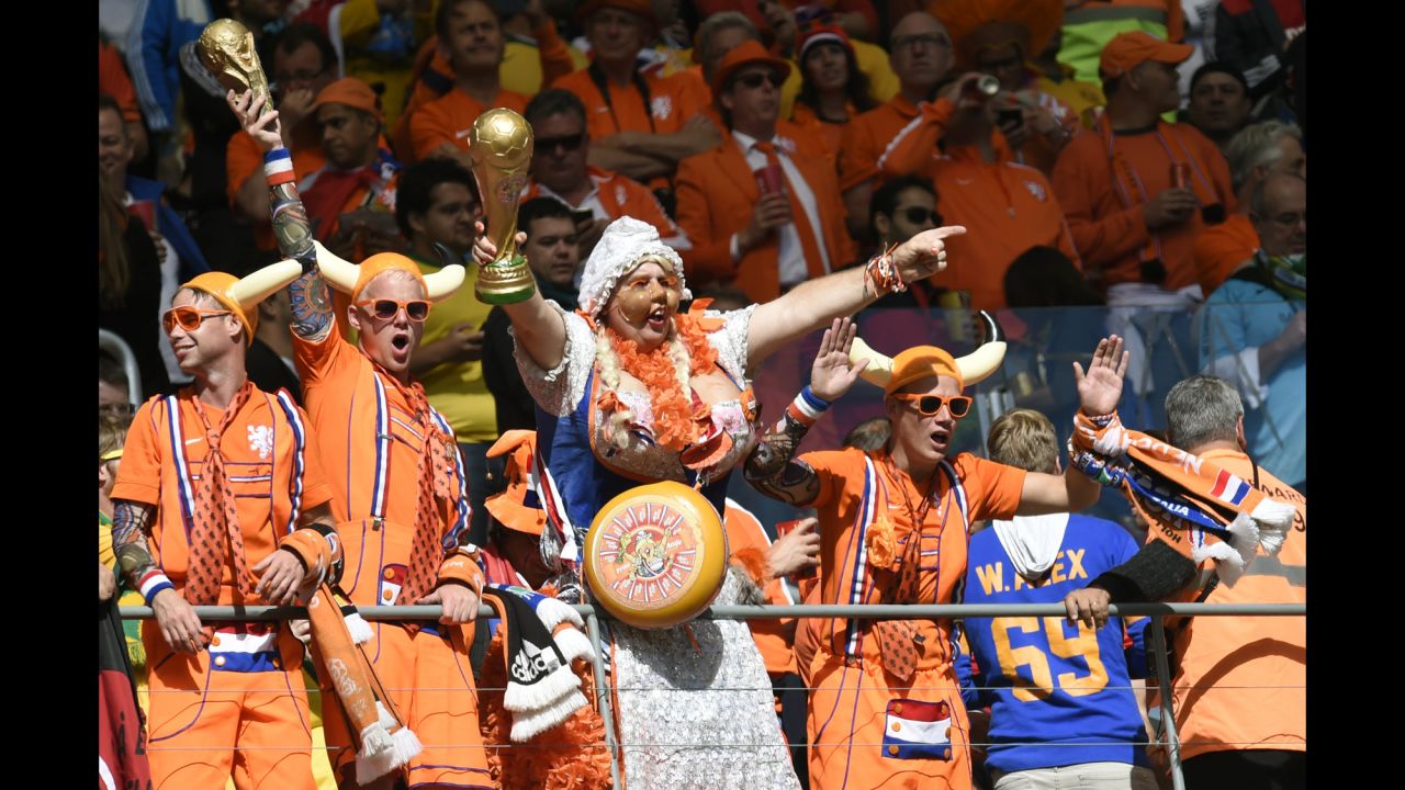Netherlands supporters cheer in the stands prior to the match.