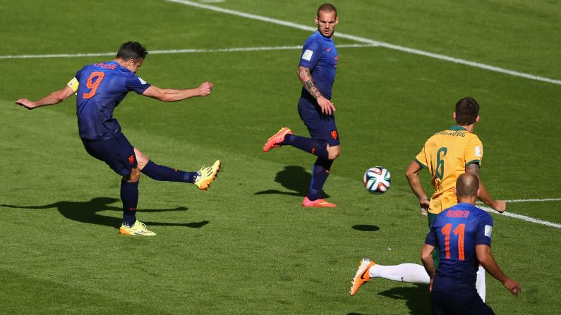 Robin Van Persie of the Netherlands ties the game at 2-2 with a close-range shot in the second half. It was Van Persie's third goal of the tournament.