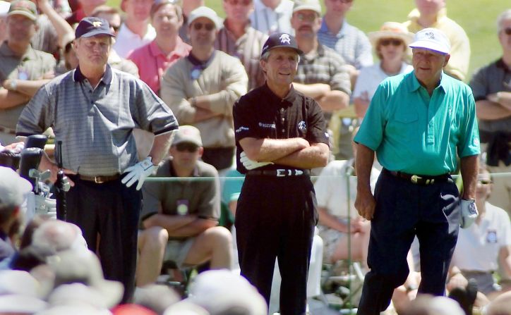 Player is flanked by fellow legends Jack Nicklaus (left) and Arnold Palmer at the 2000 U.S. Masters. The trio were called the 'Big Three'  for their dominant performances. 
