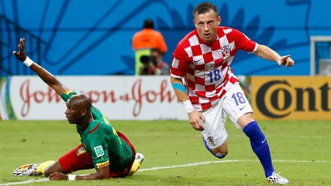 Ivica Olic of Croatia celebrates after scoring his team's first goal.