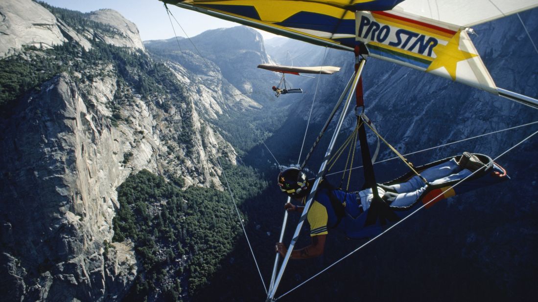 Hang gliders take off over Yosemite Valley from Glacier Point, circa 1985. <a href="http://parkplanning.nps.gov/projectHome.cfm?parkID=347&projectID=21599" target="_blank" target="_blank">Only advanced rated hang gliding pilots</a> are permitted to fly in the park. 