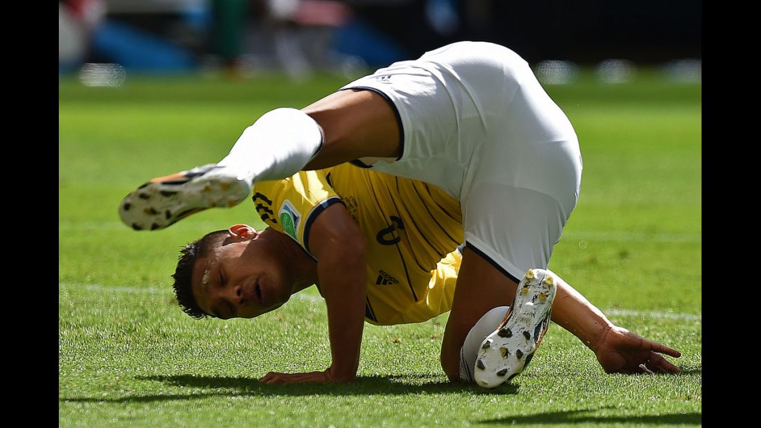 Colombian forward Teofilo Gutierrez falls to the ground in the first half.