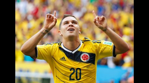 Colombian forward Juan Fernando Quintero celebrates after his goal gave his team a 2-0 lead.