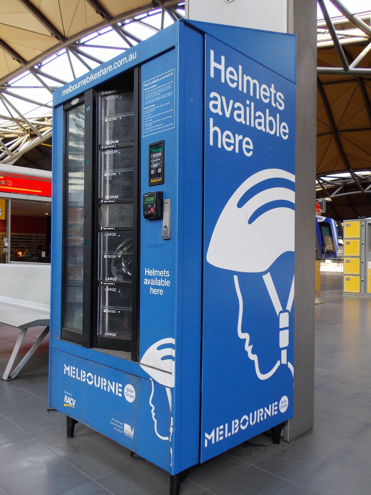 Just arrived in Melbourne, Australia, without this important cycling accessory? Helmets sold in vending machines come in three sizes and one design.