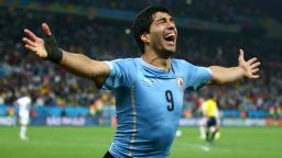 Luis Suarez of Uruguay celebrates after scoring his team's second goal during the 2014 FIFA World Cup Brazil Group D match between Uruguay and England at Arena de Sao Paulo on June 19, 2014 in Sao Paulo, Brazil.