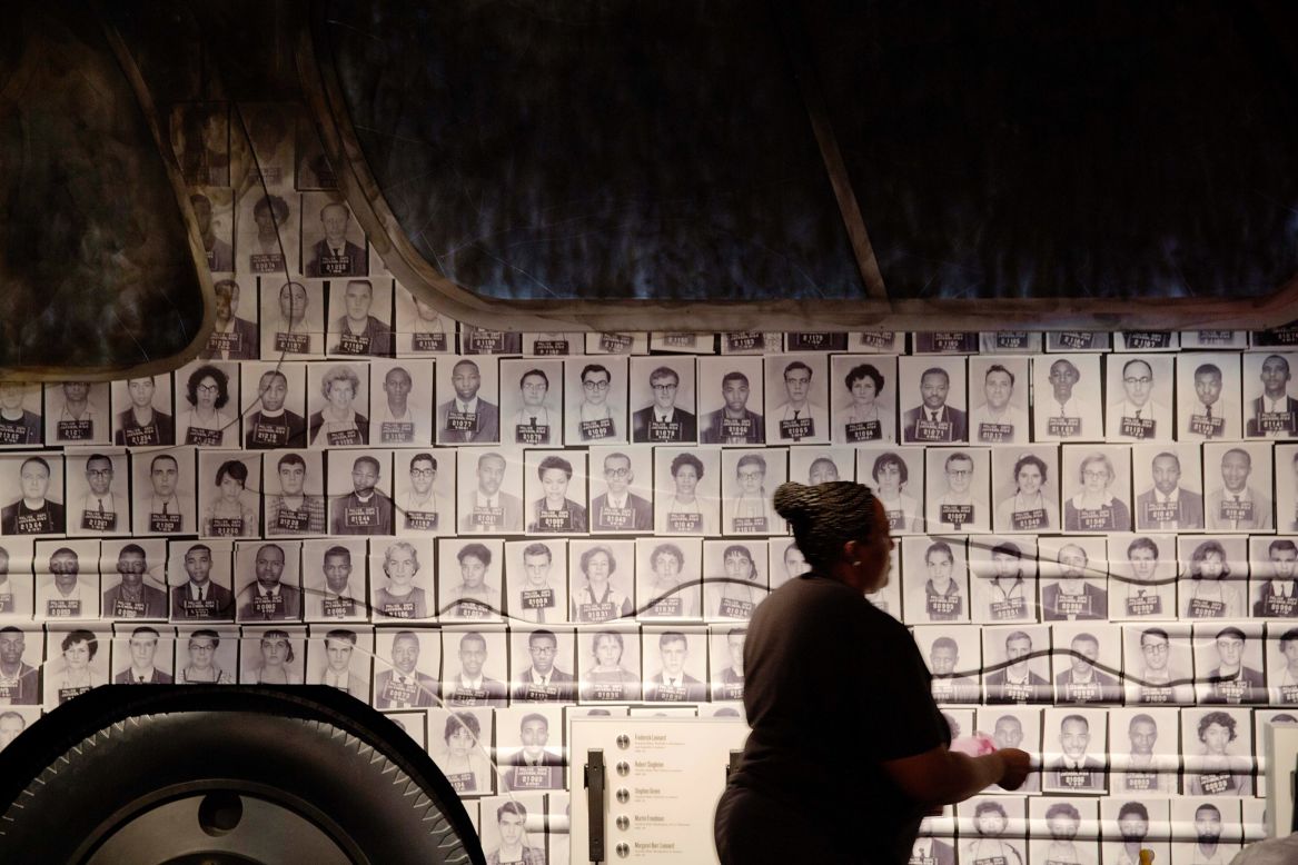 Mug shots of the Freedom Riders are affixed to the side of a bus at the museum. The Freedom Riders were an interracial group of civil rights activists who risked their lives by riding passenger buses together through the segregated Deep South.