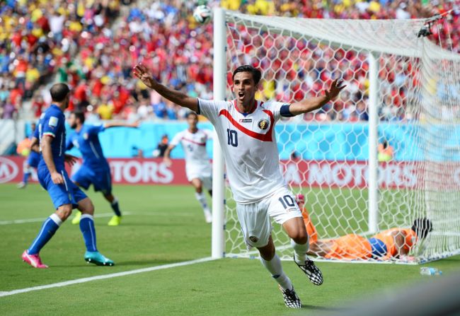 Bryan Ruiz of Costa Rica celebrates scoring a goal in the first half.