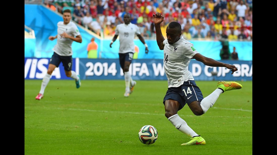 French midfielder Blaise Matuidi scores a goal to give his team a 2-0 lead over Switzerland.