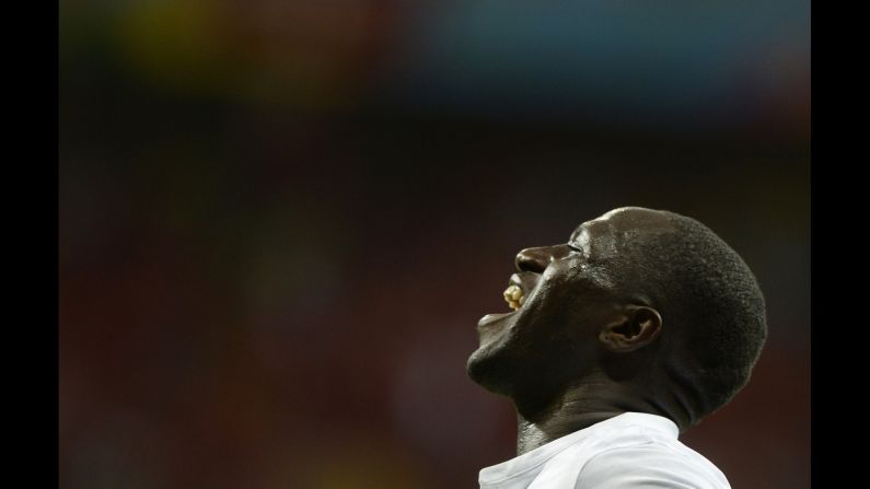 French midfielder Moussa Sissoko celebrates scoring his team's fifth goal.