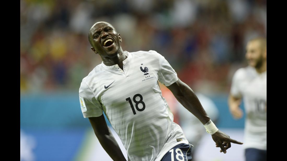 French midfielder Moussa Sissoko celebrates after scoring in the second half. His goal made it 5-0 for France.