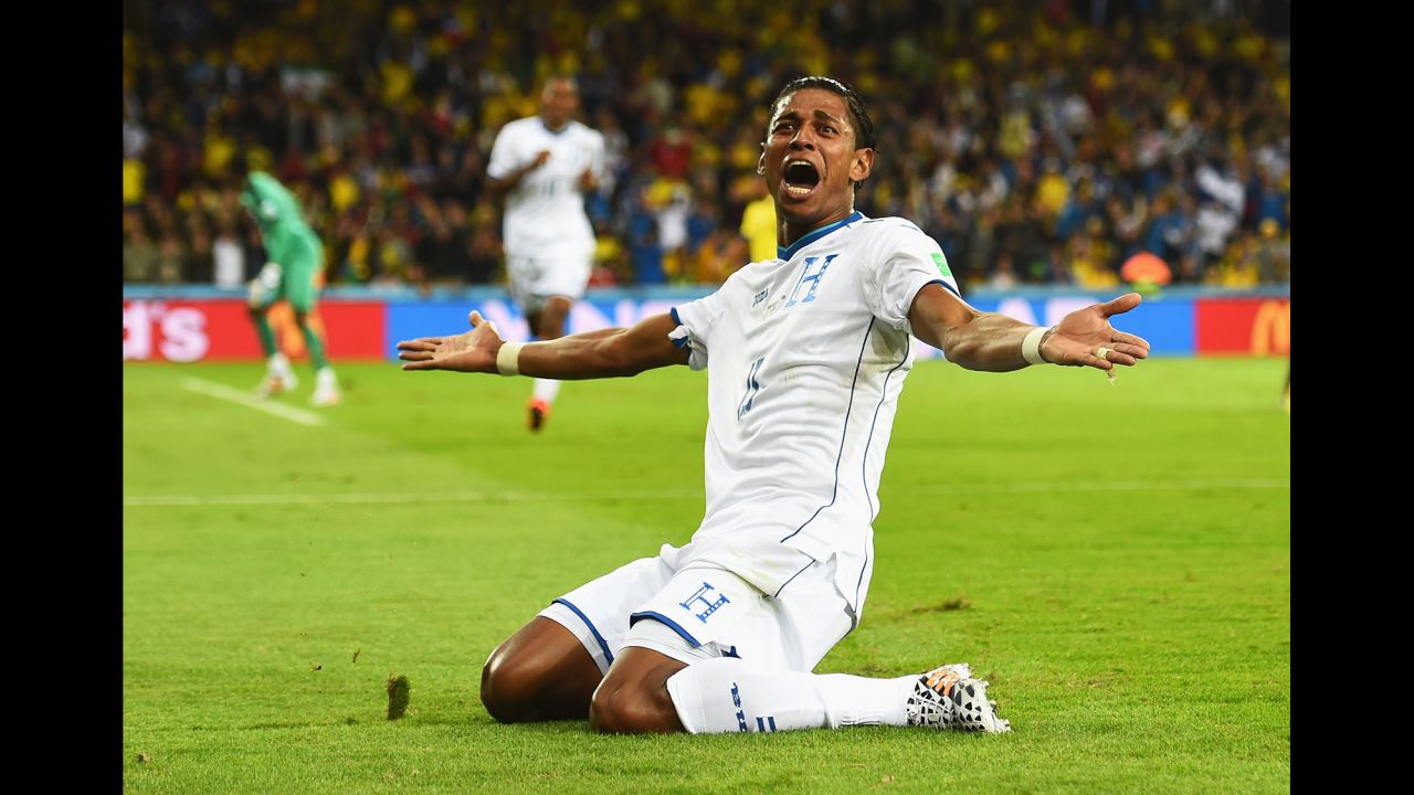 Carlo Costly of Honduras celebrates scoring his team's first goal, tying the score 1-1.