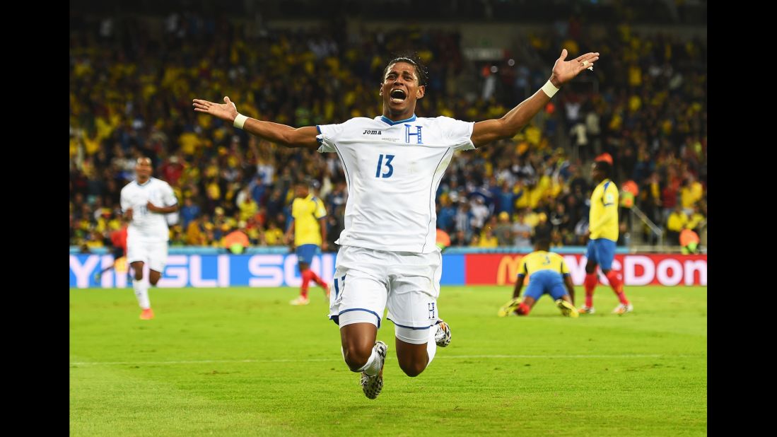 Carlo Costly of Honduras celebrates scoring his team's first goal.