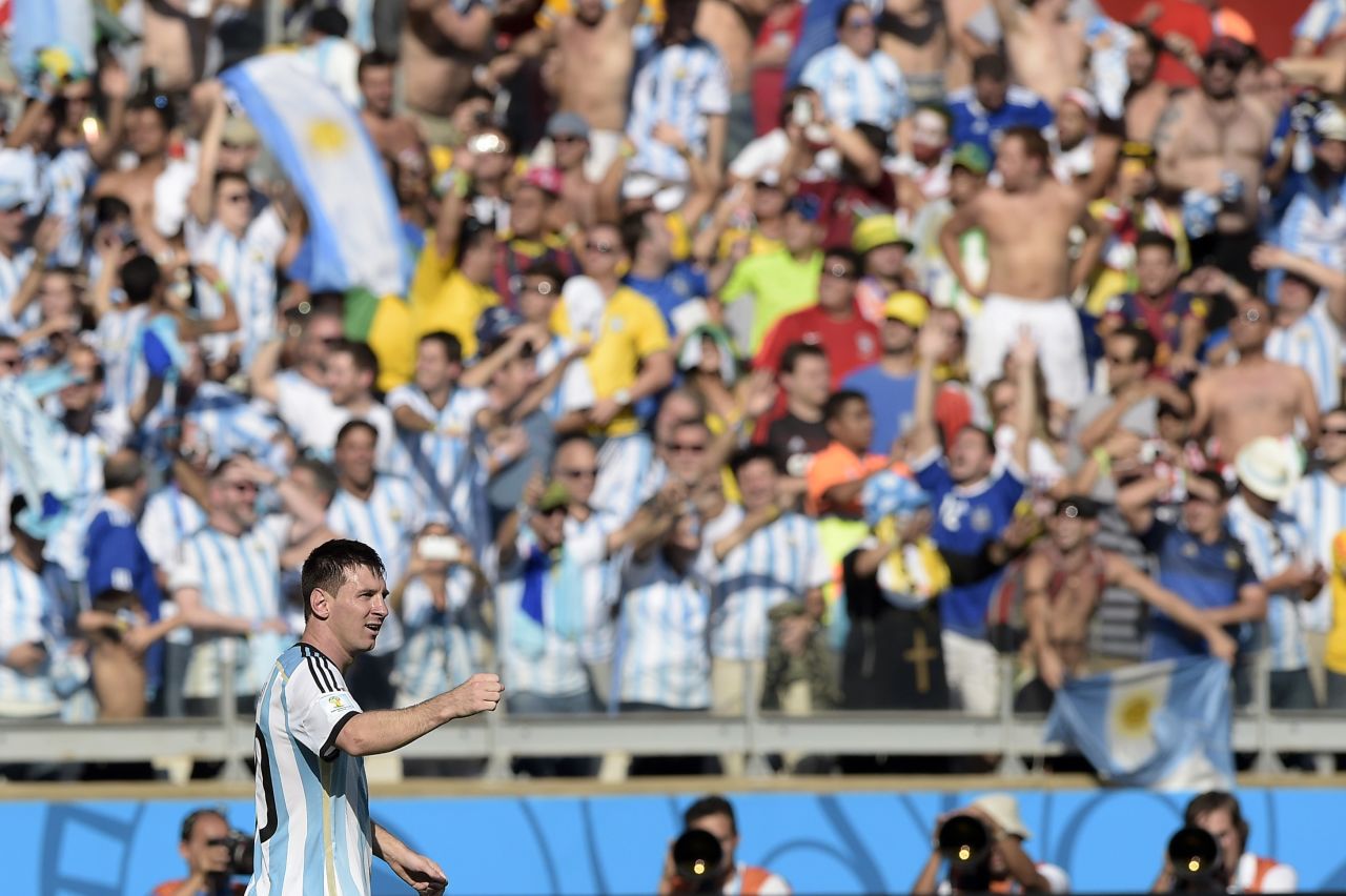 Argentina forward and captain Lionel Messi celebrates after scoring the only goal in Argentina's World Cup victory over Iran on June 21 in Belo Horizonte, Brazil.