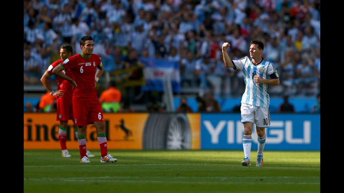 Lionel Messi of Argentina celebrates scoring his team's goal during the World Cup match between Argentina and Iran at Estadio Mineirao in Belo Horizonte, Brazil.  Argentina defeated Iran 1-0.