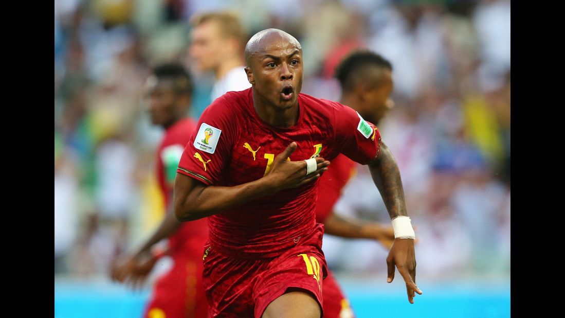  Andre Ayew of Ghana celebrates scoring his team's first goal against Germany.