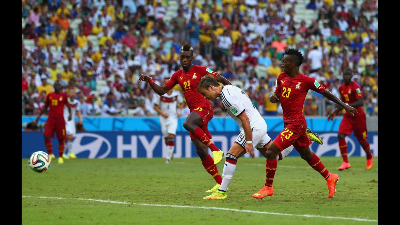 Mario Gotze of Germany scores his team's first goal.