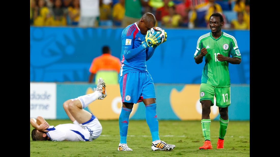 The body language says it all. Nigeria goalkeeper Vincent Enyeama (center) and teammate Juwon Oshaniwa savor the victory.