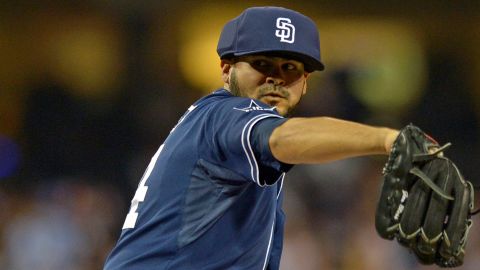 San Diego Padres pitcher Alex Torres wears a protective cap Saturday against the Los Angeles Dodgers at Petco Park.