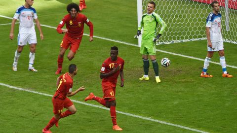 Belgium's forward Divock Origi, center, celebrates after scoring against Russia in Rio de Janeiro on June 22. Belgium won 1-0.