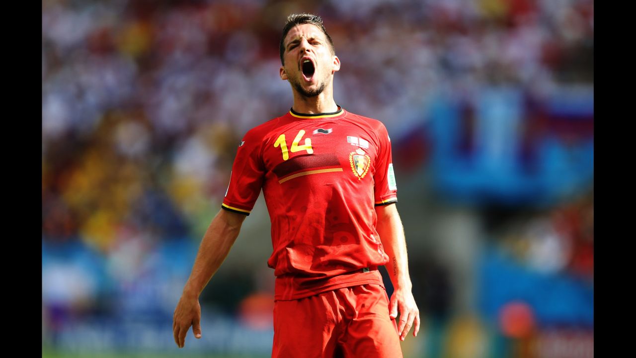 Dries Mertens of Belgium reacts to a play against Russia.
