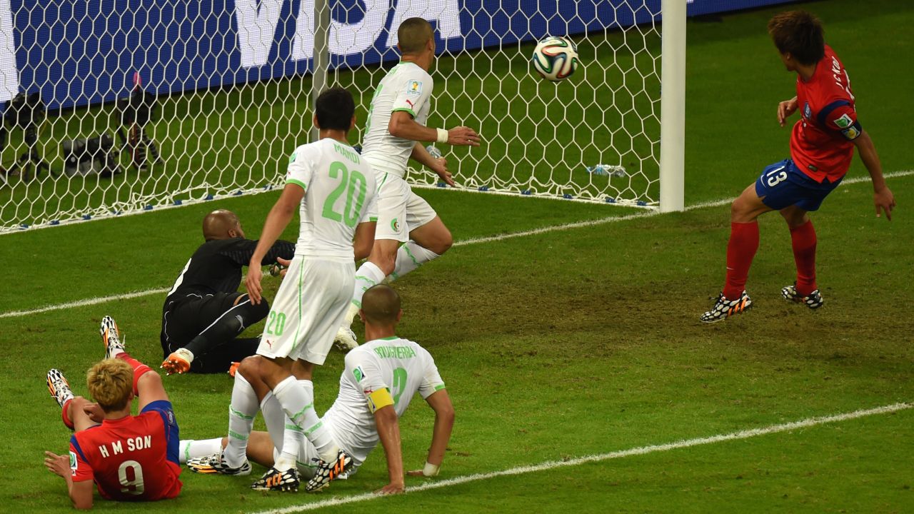 South Korean forward Koo Ja-cheol scores his team's second goal against Algeria at the Beira-Rio Stadium in Porto Alegre, Brazil, on June 22. Algeria won 4-2.