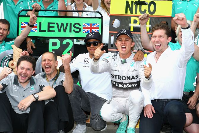 Nico Rosberg celebrates with his Mercedes team after victory in Formula One's Austrian Grand Prix at Red Bull Ring in Spielberg.