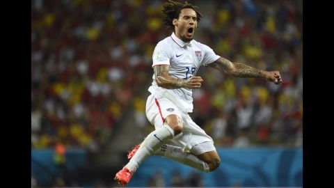 Midfielder Jermaine Jones celebrates after scoring the United States' first goal, in the second half. 