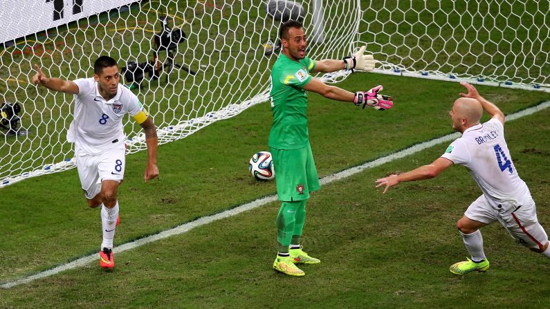 Clint Dempsey, left, of the United States celebrates scoring his team's second and go-ahead goal against Portugal.