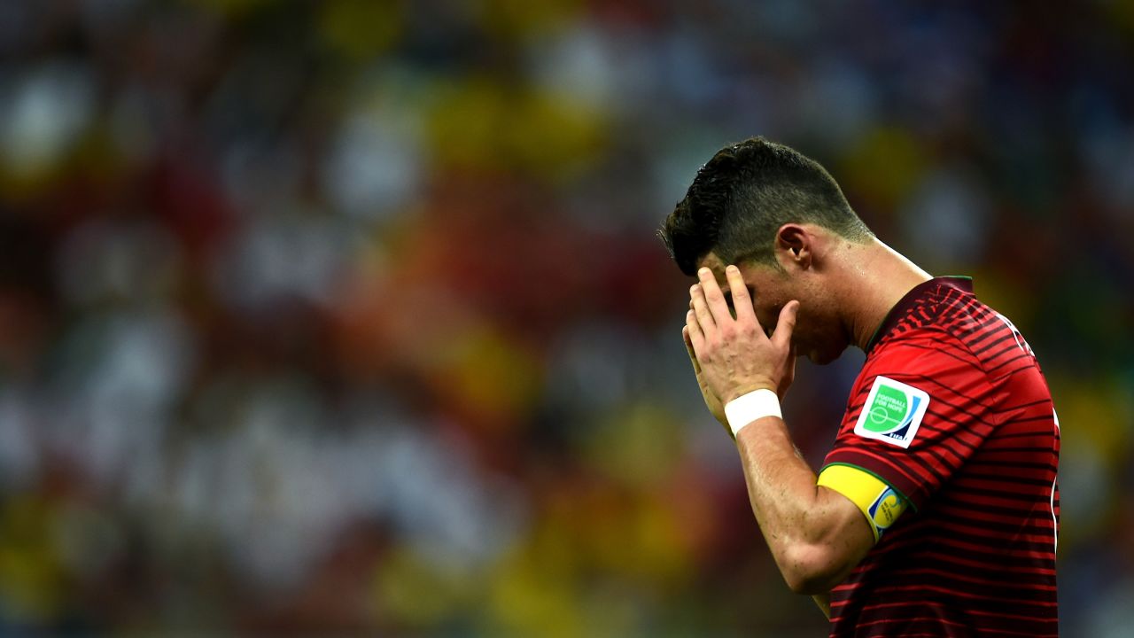 Cristiano Ronaldo of Portugal reacts after a play. He failed to score on several good opportunities but made a big pass that led to a Portugal goal.