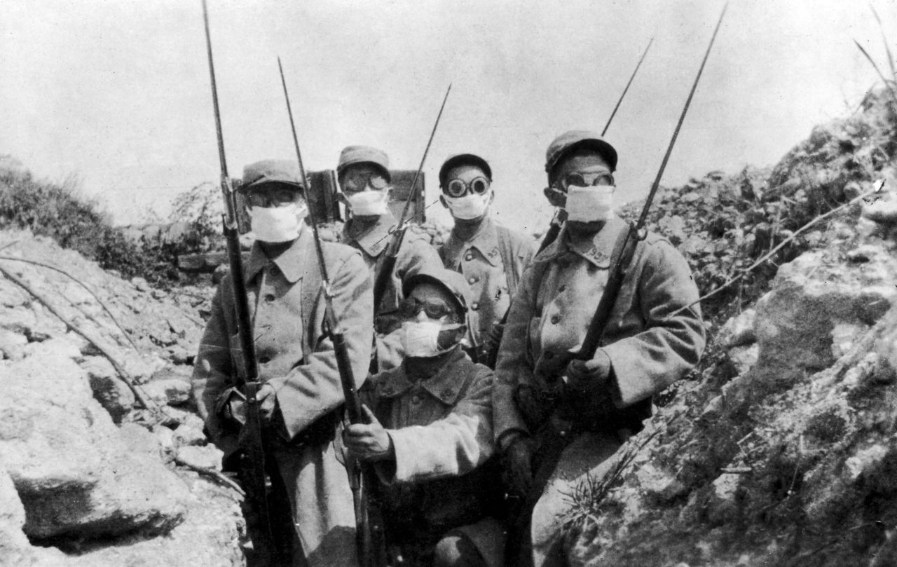 World War I ushered in an era of chemical weapons use that lingers, lethally, into the present day. About 1 million casualties were inflicted, and 90,000 were killed. Here, French troops wear an early form of gas mask in the trenches during the first widespread use of gas, by the Germans at the Second Battle of Ypres in 1916. 