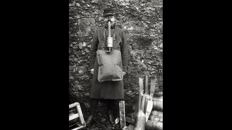 A soldier demonstrates an ungainly French gas mask. "French masks were notoriously unreliable,"<a href="index.php?page=&url=http%3A%2F%2Fwww.ncbi.nlm.nih.gov%2Fpmc%2Farticles%2FPMC2376985%2F" target="_blank" target="_blank"> wrote</a> historian Gerald Fitzgerald.  